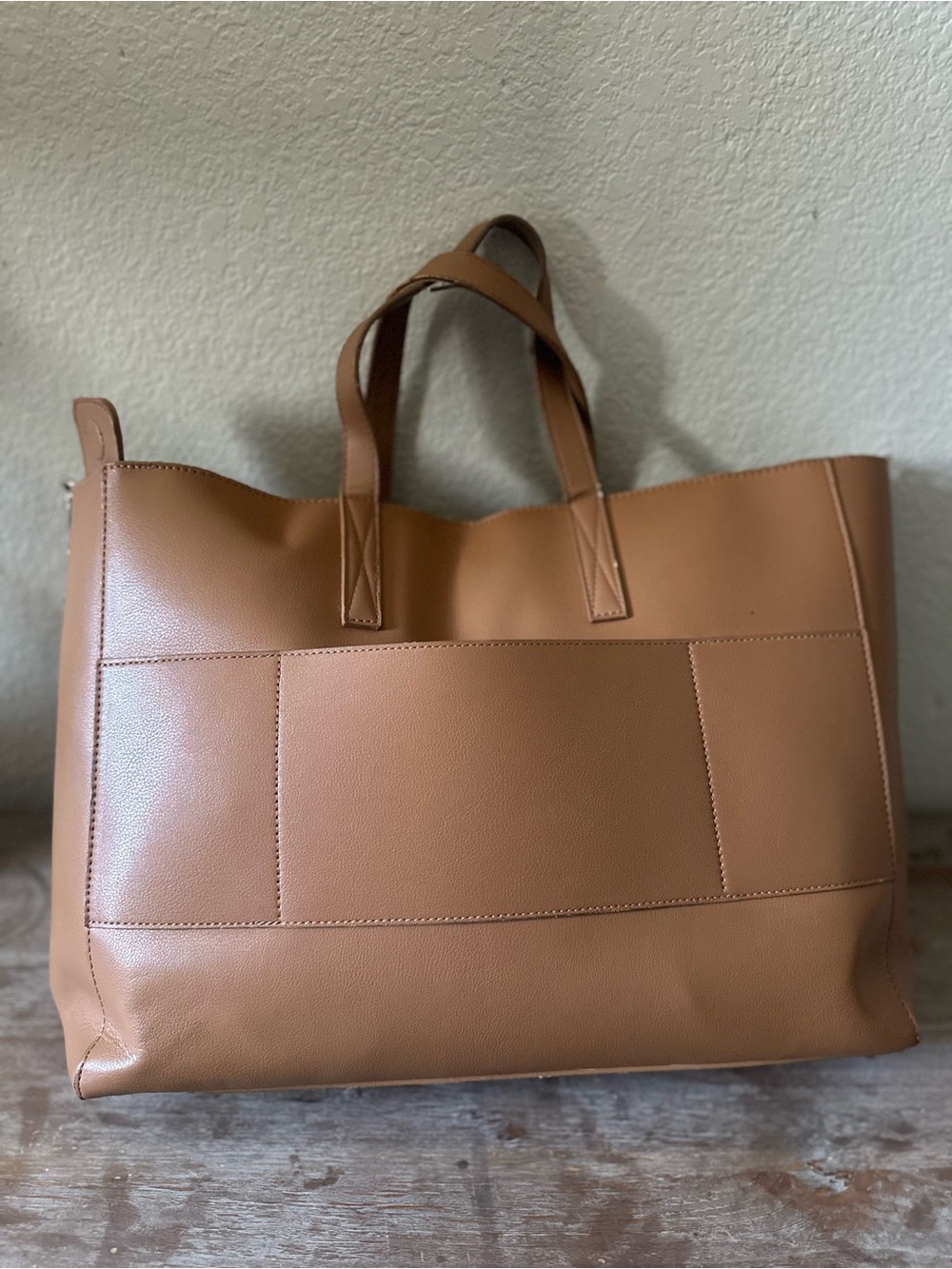 Calpak Tan Leather-Look Tote with Front Panel Pocket